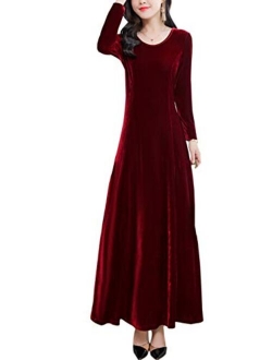 Women's Crewneck Long Velvet Dresses Maxi Formal Evening Dresses