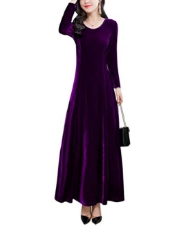 Women's Crewneck Long Velvet Dresses Maxi Formal Evening Dresses