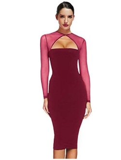 Maketina Women Midi Length Cut Out Keyhole Party Bodycon Bandage Dress with Transparent Long Sleeves