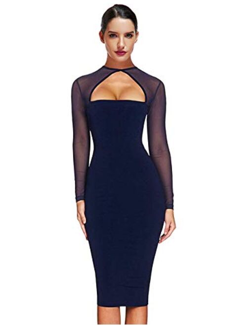 Maketina Women Midi Length Cut Out Keyhole Party Bodycon Bandage Dress with Transparent Long Sleeves