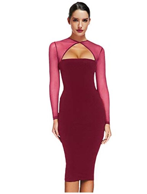 Maketina Women Midi Length Cut Out Keyhole Party Bodycon Bandage Dress with Transparent Long Sleeves