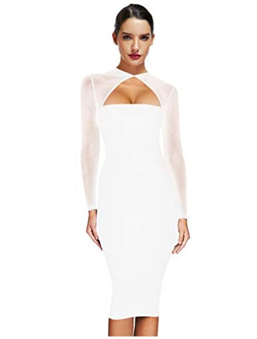 Maketina Women Midi Length Cut Out Keyhole Party Bodycon Bandage Dress with Transparent Long Sleeves