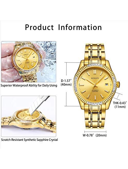BINLUN Men's Automatic 18K Gold-Plated Watch Luminous Luxury Skeleton Waterproof Watches