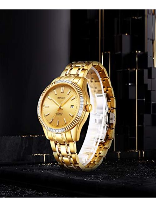 BINLUN Men's Automatic 18K Gold-Plated Watch Luminous Luxury Skeleton Waterproof Watches