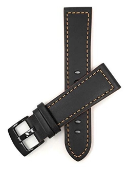 Bandini Mens Leather Watch Band Strap, Racer, Stainless Steel Buckle, Black with a Choice of 6 Different Colored Stitch (18mm, 20mm, 22mm, 24mm)