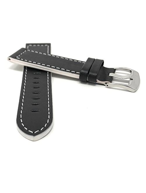 Bandini Mens Leather Watch Band Strap, Racer, Stainless Steel Buckle, Black with a Choice of 6 Different Colored Stitch (18mm, 20mm, 22mm, 24mm)