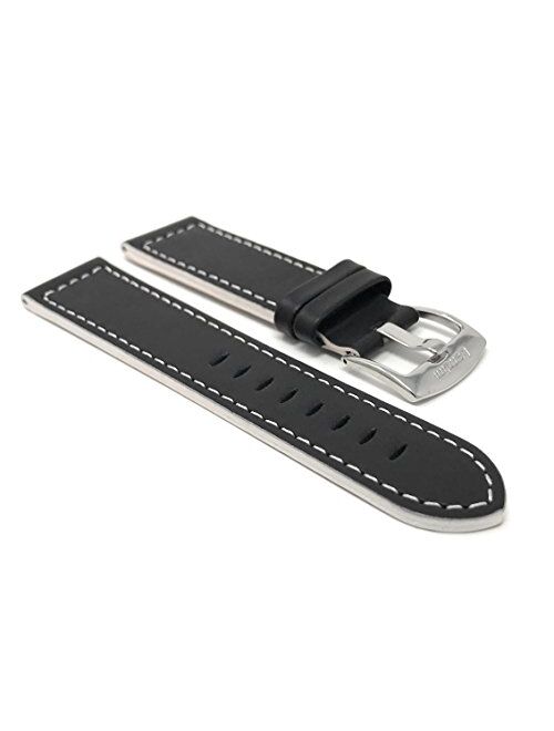 Bandini Mens Leather Watch Band Strap, Racer, Stainless Steel Buckle, Black with a Choice of 6 Different Colored Stitch (18mm, 20mm, 22mm, 24mm)