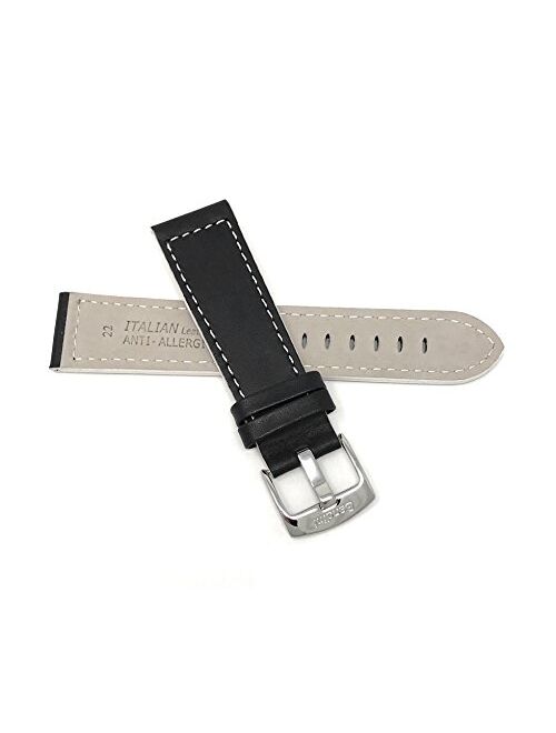 Bandini Mens Leather Watch Band Strap, Racer, Stainless Steel Buckle, Black with a Choice of 6 Different Colored Stitch (18mm, 20mm, 22mm, 24mm)