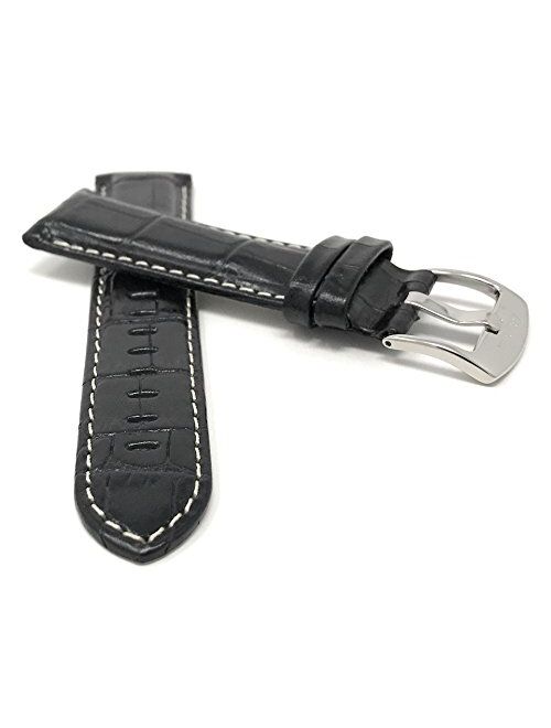 Mens Leather Watch Band - Alligator Pattern - White Stitch - 5 Colors - 18mm to 38mm (Most Sizes Also Come in Extra Long XL)