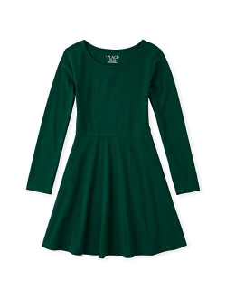 Girls' Big Solid Long Sleeve Pleated Knit Dress