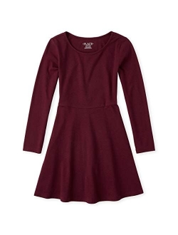 Girls' Big Solid Long Sleeve Pleated Knit Dress