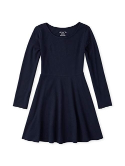 Girls' Big Solid Long Sleeve Pleated Knit Dress