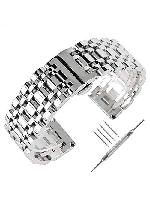 20mm 22mm 24mm Solid Stainless Steel Watch Band Silver 316L Push Button Hidden Bracelet Watch Strap for Mens Womens