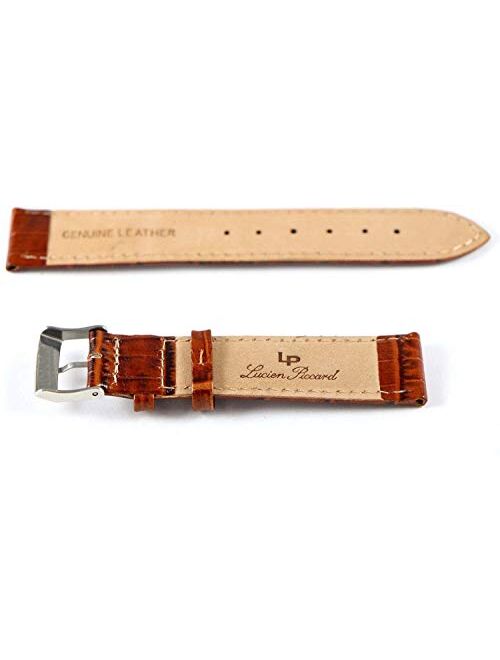 Lucien Piccard 20MM Alligator Grain Genuine Leather Watch Strap 7.5" Caramel Brown With Silver LP Buckle