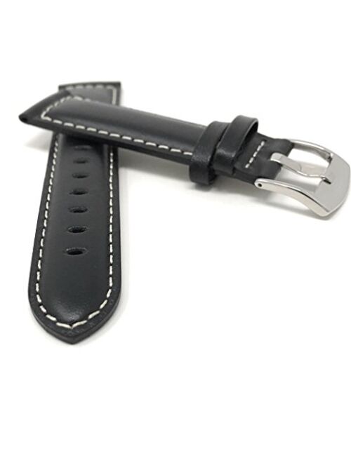 Mens Leather Watch Band Strap - White Stitch - 4 Colors - 18mm, 20mm, 22mm, 24mm, 26mm, 28mm, 30mm (Also in Extra Long XL)