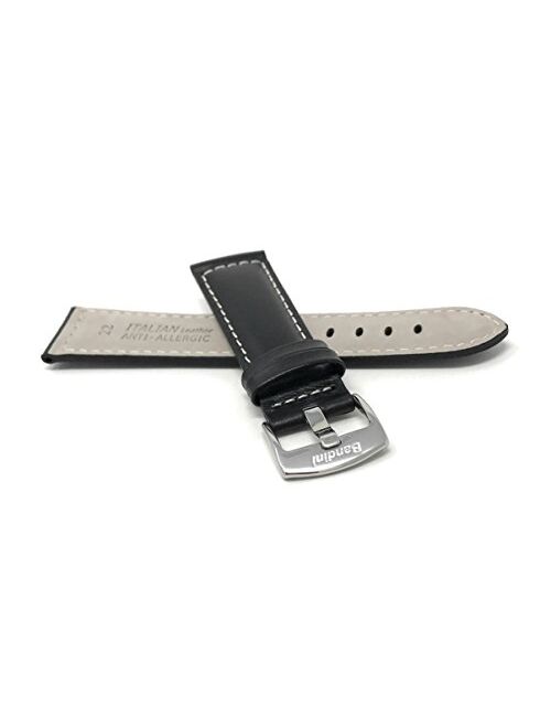 Mens Leather Watch Band Strap - White Stitch - 4 Colors - 18mm, 20mm, 22mm, 24mm, 26mm, 28mm, 30mm (Also in Extra Long XL)