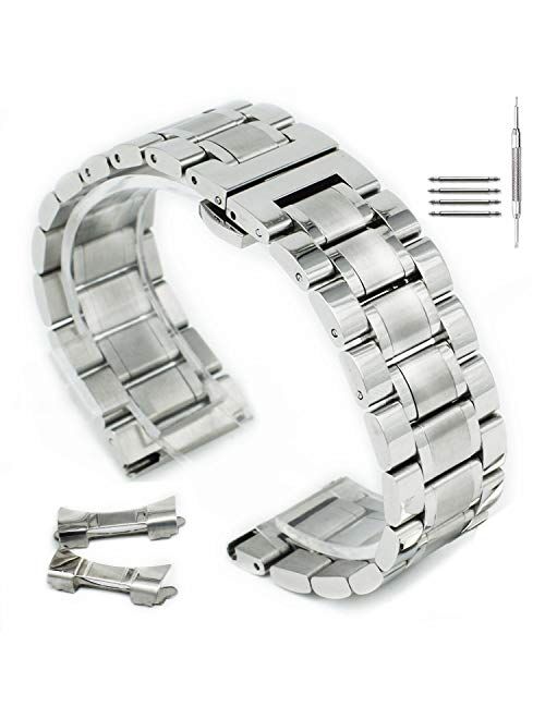 Curved Stainless Steel Metal Watch Band Strap Buckle Clasp Men Women 14mm-24mm Silver Black