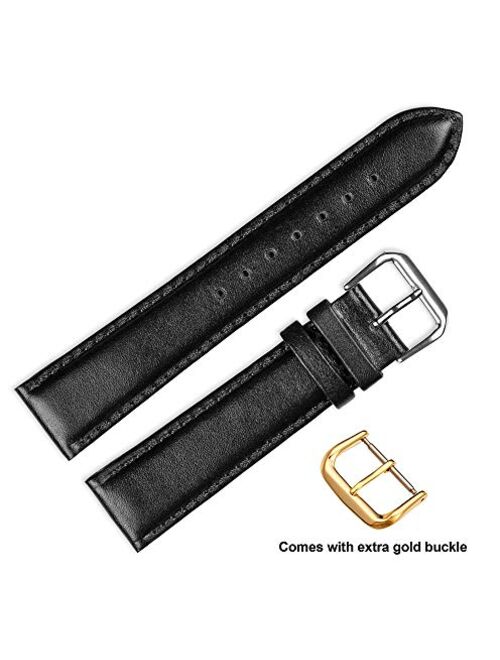 deBeer Brand Smooth Leather Watch Band (Silver & Gold Buckle) - Black 20mm (Extra Long Length)