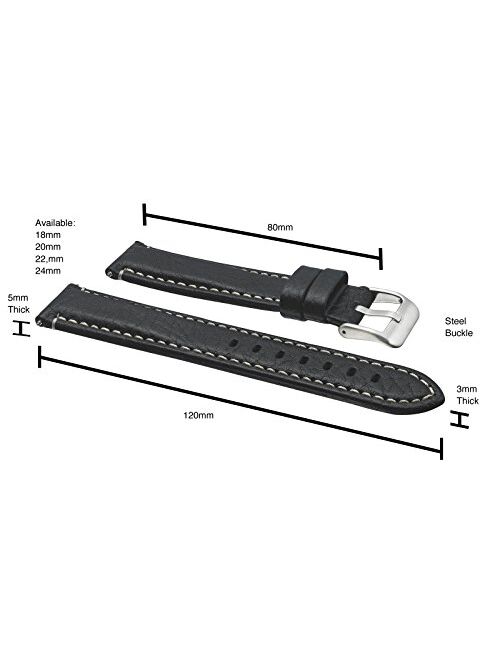 Alpine Thick Padded Sporty Leather Watch Band - Black, Brown - 18 mm, 20 mm, 22 mm, 24 mm