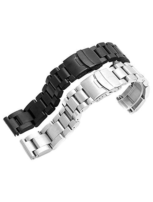 Stainless Steel Watch Band Heavy Duty Brushed Finish Metal Watch Strap 22mm/24mm Double Buckle Bracelet Silver Replacement Band