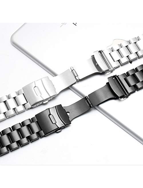 Stainless Steel Watch Band Heavy Duty Brushed Finish Metal Watch Strap 22mm/24mm Double Buckle Bracelet Silver Replacement Band