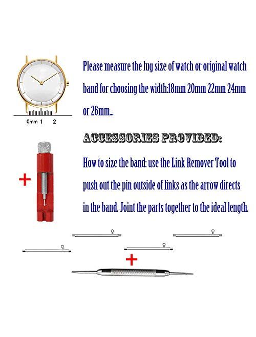 Stainless Steel Watch Band Heavy Duty Brushed Finish Metal Watch Strap 22mm/24mm Double Buckle Bracelet Silver Replacement Band