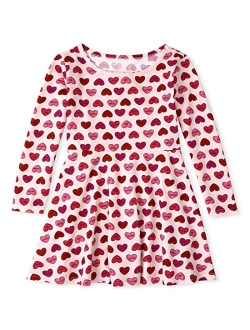 Girls' Long Sleeve Printed Pleated Dress