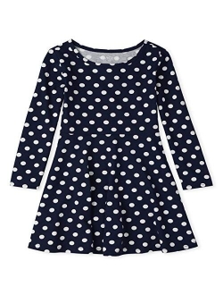 Girls' Long Sleeve Printed Pleated Dress