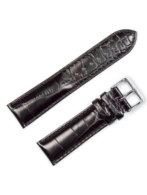 deBeer Brand Crocodile Grain Watch Band (Silver & Gold Buckle) - Black 18mm (Long Length)