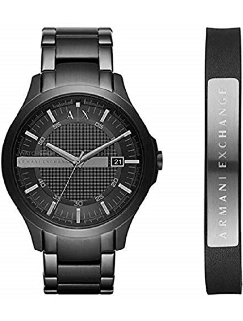 Armani Exchange AX7101 Mens Dress Black Steel Bracelet Watch and Leather Bracelet Gift Set