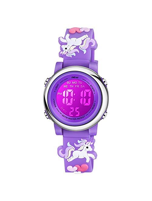 Venhoo Kids Watches 3D Cartoon Waterproof 7 Color Lights Toddler Digital Wrist Watch with Alarm Stopwatch Gifts for 3-10 Year Girls Little Child