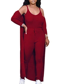 LKOUS 3 Piece Suit for Women's Solid Long Sleeve Open Front Long Coat and Crop knitted lounge set