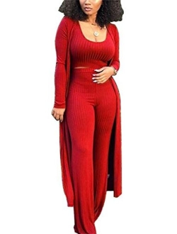 LKOUS 3 Piece Suit for Women's Solid Long Sleeve Open Front Long Coat and Crop knitted lounge set