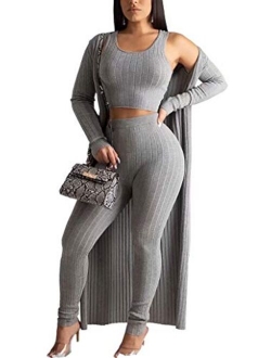 LKOUS 3 Piece Suit for Women's Solid Long Sleeve Open Front Long Coat and Crop knitted lounge set