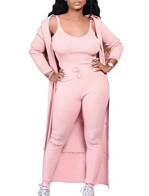 LKOUS 3 Piece Suit for Women's Solid Long Sleeve Open Front Long Coat and Crop knitted lounge set