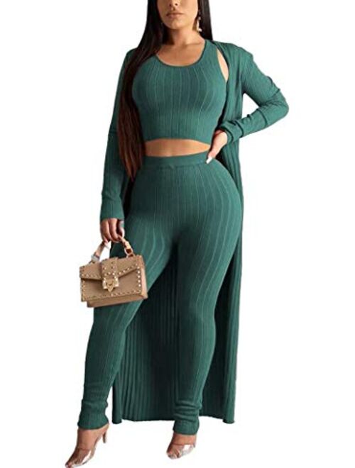 LKOUS 3 Piece Suit for Women's Solid Long Sleeve Open Front Long Coat and Crop knitted lounge set