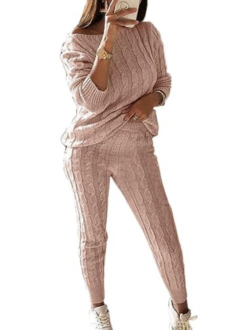 Molisry Women Cable Knitted 2 Pieces Outfits Long Sleeve Crop Top Long Pants Sweater and knitted lounge set