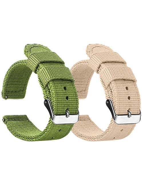 SYXLMINDC Quick Release Premium Nylon Men's and Women's Replacement Watch Straps, 2 Packs, Two Colors,Green and Beige, size18mm 20MM, 22MM