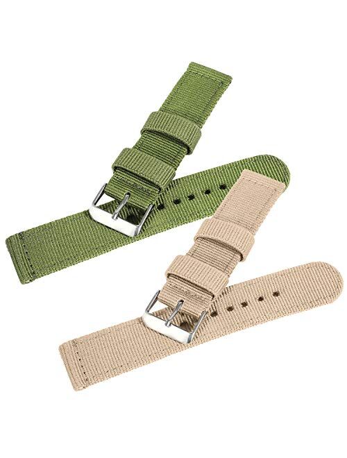 SYXLMINDC Quick Release Premium Nylon Men's and Women's Replacement Watch Straps, 2 Packs, Two Colors,Green and Beige, size18mm 20MM, 22MM