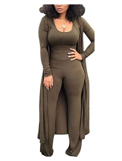 Women Sexy 3 Piece Outfits - Crop Top Long Kimono Cardigan Cover up and Bodycon knitted lounge set S XXL