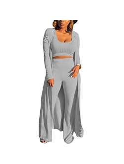 Women Sexy 3 Piece Outfits - Crop Top Long Kimono Cardigan Cover up and Bodycon knitted lounge set S XXL