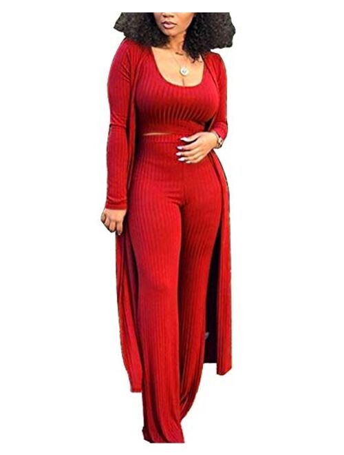 Women Sexy 3 Piece Outfits - Crop Top Long Kimono Cardigan Cover up and Bodycon knitted lounge set S XXL