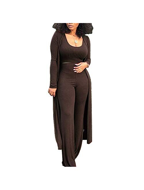 Women Sexy 3 Piece Outfits - Crop Top Long Kimono Cardigan Cover up and Bodycon knitted lounge set S XXL