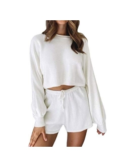 Women's 2 Piece Casual Lounge Outfit Set Long Sleeve Solid Sweater Knitted Pullover Tops with Short Sweatsuit