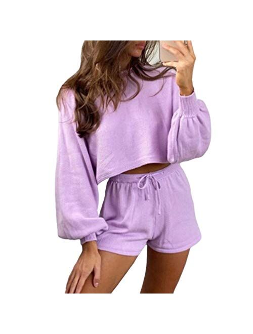 Women's 2 Piece Casual Lounge Outfit Set Long Sleeve Solid Sweater Knitted Pullover Tops with Short Sweatsuit