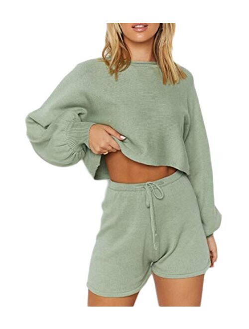 Women's 2 Piece Casual Lounge Outfit Set Long Sleeve Solid Sweater Knitted Pullover Tops with Short Sweatsuit