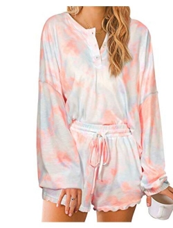 Womens Tie Dye Pajamas Set Long Sleeve Sleepwear Tee Tops and Ruffle Short 2 Piece  Soft knitted lounge set