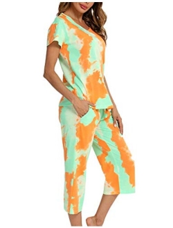 ENJOYNIGHT Women's Tie Dye Printed ounge Pajama Sets Sleepwear Top with Capri Pants