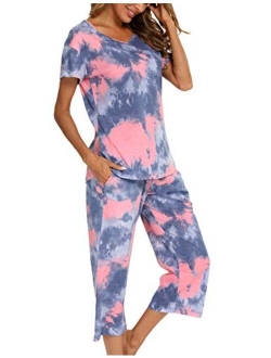 ENJOYNIGHT Women's Tie Dye Printed ounge Pajama Sets Sleepwear Top with Capri Pants