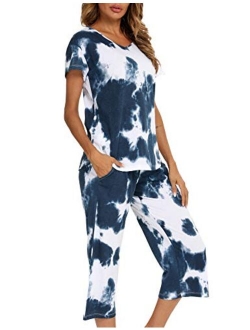 ENJOYNIGHT Women's Tie Dye Printed ounge Pajama Sets Sleepwear Top with Capri Pants